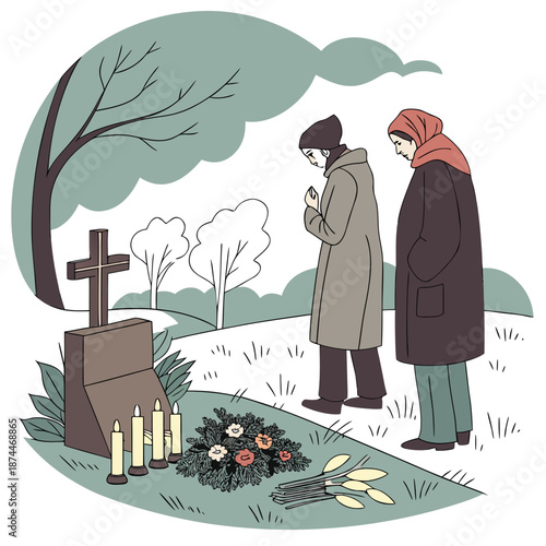 Of couple praying at grave with candles and flowers