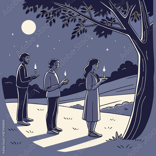 Solemn vigil under moonlit night with people holding candles