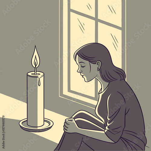 Woman sitting by window with candle expressing sadness