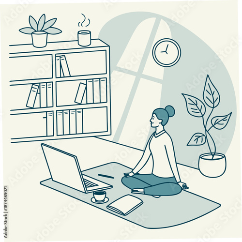 Woman meditating on yoga mat with laptop and coffee