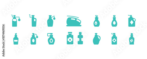 Icons of massage oils in vector style. This assortment includes various bottles and containers, featuring a bottle of perfume, a lotion bottle, and a bottle of medicine.