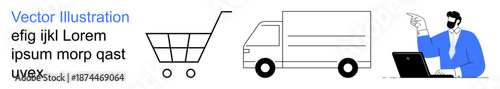E-commerce, delivery logistics, online shopping, digital services, business communications, remote assistance. Shopping cart, delivery truck and person with a laptop. Online shopping and delivery