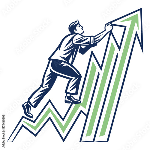 Man climbing green and blue graph with upward arrow