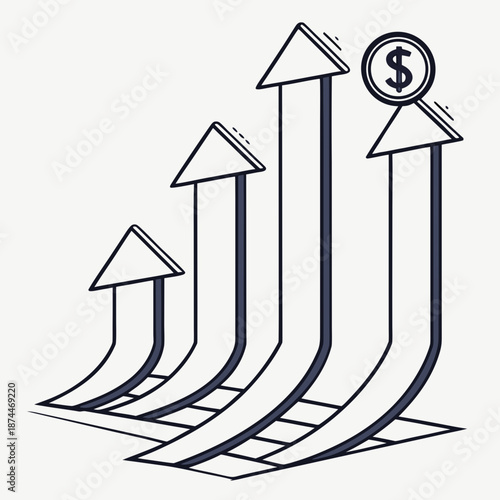 Navy blue of four increasing arrows with dollar sign