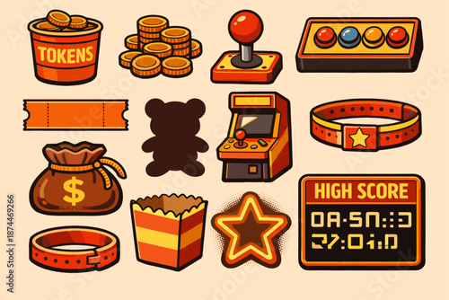 Retro arcade gaming elements set with tokens joystick and high score display