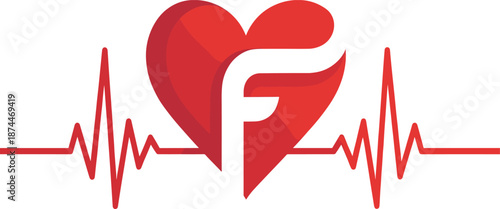 Red heart with letter F and heartbeat pulse line representing cardiology