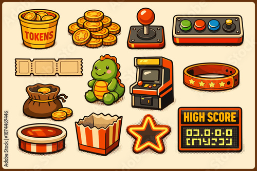 Retro arcade gaming elements with tokens, console, and high score display