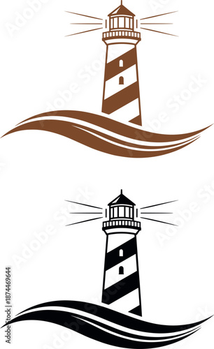 Striped lighthouse logos with ocean waves and guidance beacon