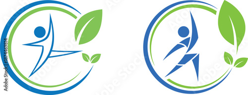Wellness and vitality logos with active human figures and green leaves set