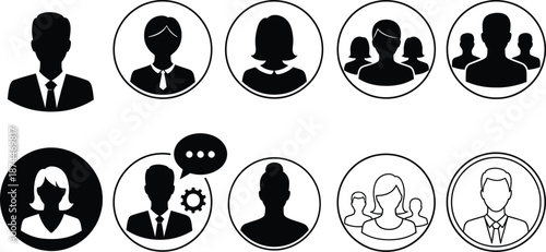 Human silhouette icons set featuring various poses and expressions