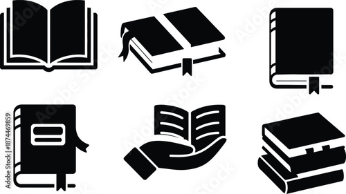 Collection of various book icons in black and white
