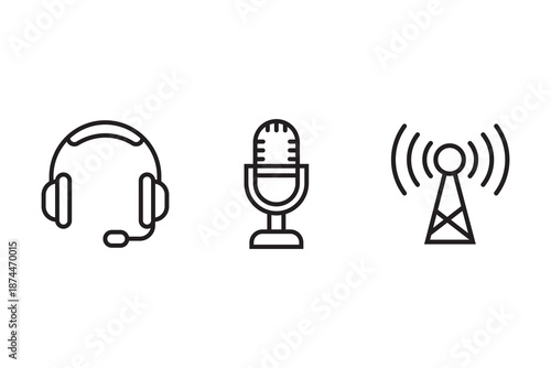 audio communication icons set headset microphone radio signal tower line vector illustration for media broadcast support