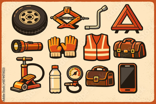 Collection of car emergency tools and accessories in retro style illustration