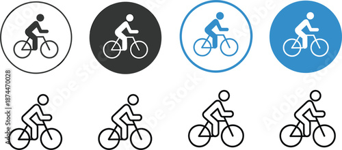 Bicycle Rider Icons in Circular and Outline Styles with Black, White, and Blue Color Options symbol cycling