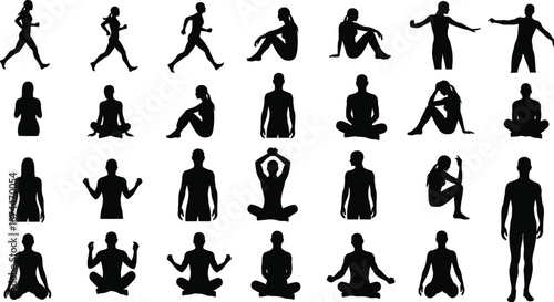 Human silhouette yoga poses and various human figures in different actions
