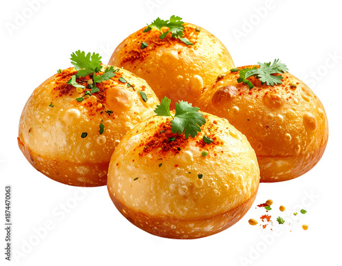  Premium Panipuri Close-Up with Garnish and Soft Glow, Cinematic Food Poster Style, isolated on transparent background