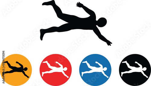 Black Silhouette of a Falling Person with Four Colored Circle Icons male