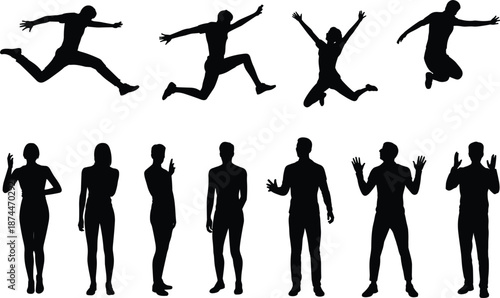 Collection of Black Silhouettes of People Jumping and Standing in Various Poses vector illustration