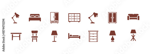 Icons of furniture in a solid design. Stroke is customizable. Vector illustration.