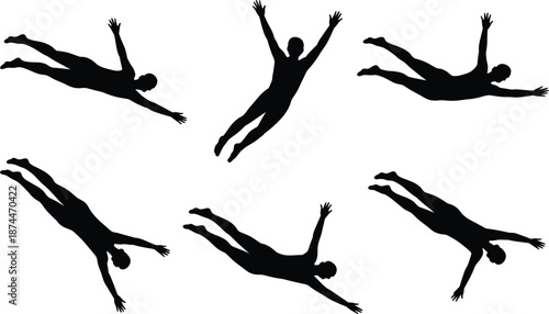 Collection of diver silhouettes in mid-air during a dive against a white background diving swimming