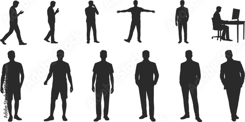 Collection of Male Silhouettes in Various Poses and Attire on White Background person people