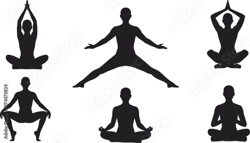 Collection of six black silhouette figures in various yoga poses on white background human