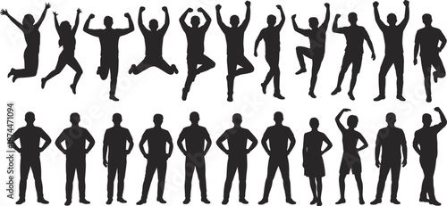 Diverse group of people celebrating and jumping in silhouette against a white background celebration
