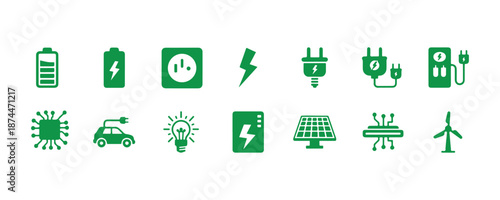 Collection of charging icons. Electricity-themed icons. Features battery, energy, electricity, charger, recharge, electric car, power bank, cable, green energy, charge, and more. Power-related icons. 