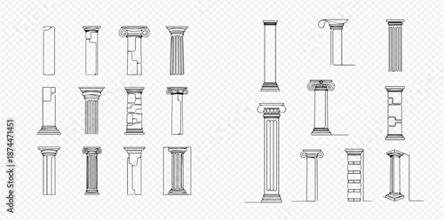 Set of ancient architectural columns, including Doric, Ionic, and Corinthian styles, in various states of preservation, isolated on a transparent background.