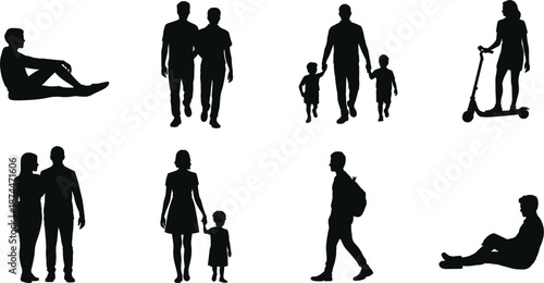 Diverse Silhouettes of People in Various Poses and Activities Keywords: silhouette, people, man, woman, child, couple, family