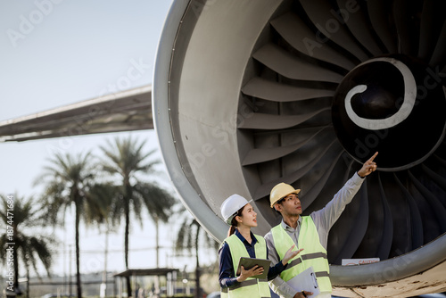 An expert aviation mechanic leads a professional crew in a hangar, examining a jet engine to ensure safety and maintenance efficiency.