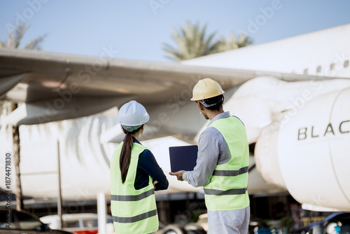 An expert aviation mechanic leads a professional crew in a hangar, examining a jet engine to ensure safety and maintenance efficiency.