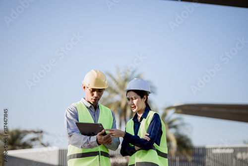 An expert aviation mechanic leads a professional crew in a hangar, examining a jet engine to ensure safety and maintenance efficiency.