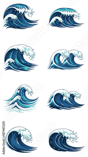 Ocean Wave Element Illustrations from Various Viewpoints Showcasing Water Movement and Design