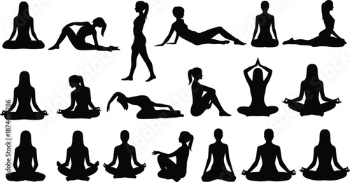 Fifteen black silhouettes of women in various yoga and meditation poses woman female