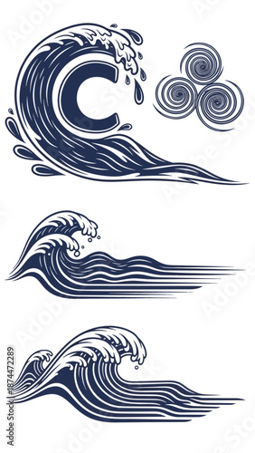 Ocean Wave Element Illustrations from Various Viewpoints Showcasing Dynamic Water Movement