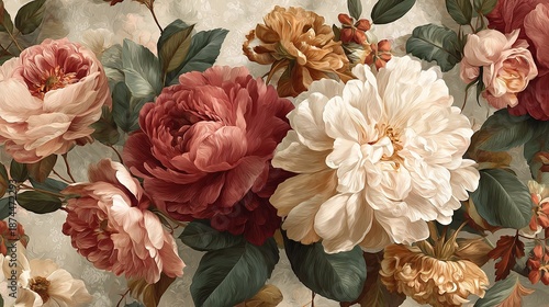 Elegant, chic, vintage seamless repeatable pattern with antique roses, peonies and dahlias in muted tones of dusty pink, olive green, faded red, cream, golden brown