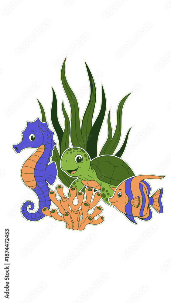 Obraz premium Underwater Scene Featuring a Seahorse, Turtle, and Fish Surrounded by Coral and Seaweed Element