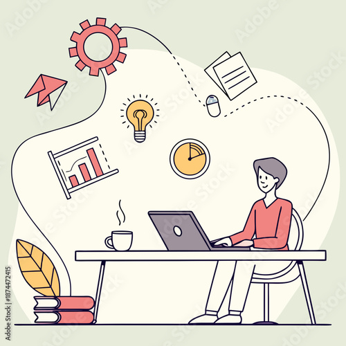 Woman working on laptop with study and business around her