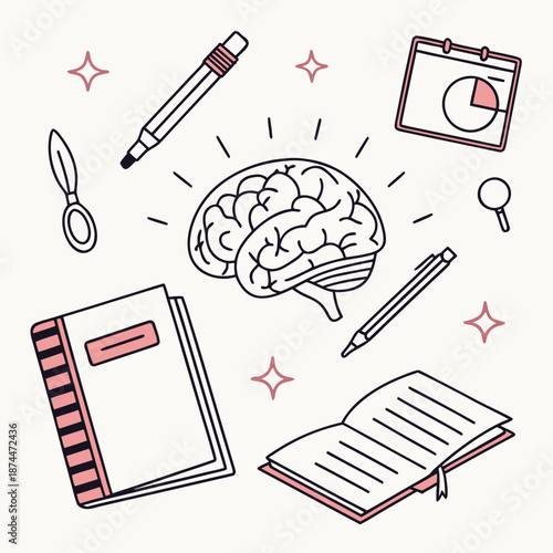 Calm mind surrounded by books, stationery and learning tools