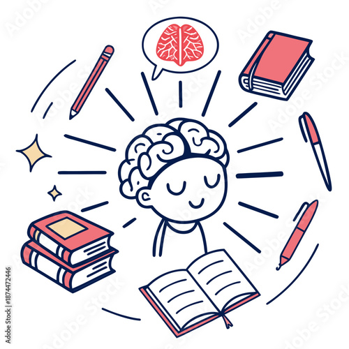 Calm mind surrounded by books and stationery brain