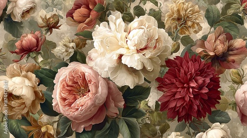 Elegant, chic, vintage seamless repeatable pattern with antique roses, peonies and dahlias in muted tones of dusty pink, olive green, faded red, cream, golden brown