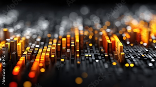 Abstract, glowing, cubic forms rising from dark background, in shallow depth of field