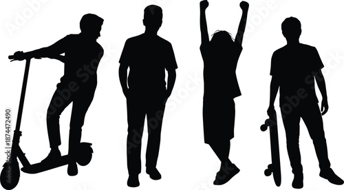 Four Silhouettes Of People With Scooter And Skateboard On White Background male