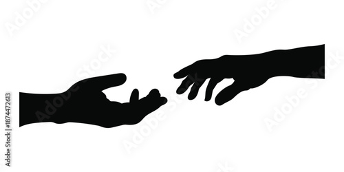 Two human hands reaching toward each other help concept silhouette.