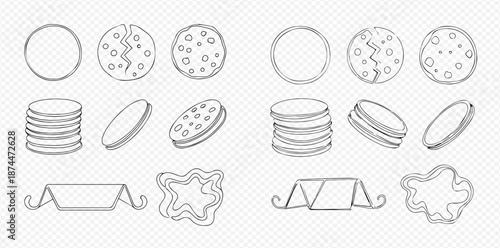 Set of hand-drawn cookie and biscuit outlines, including whole, broken, stacked, and filled varieties, along with a rolling pin and cookie cutter.