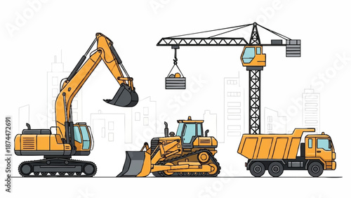 Illustration of heavy construction machinery including an excavator, a crane, a bulldozer, and a dump truck against a cityscape background with a clean and simple style.