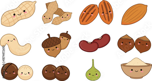 Cute cartoon nut and bean illustration set with peanuts almonds acorns chestnuts and legumes vector