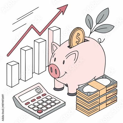 Pink Piggy Bank with Coin and Cash Stack and Calculator and Graph