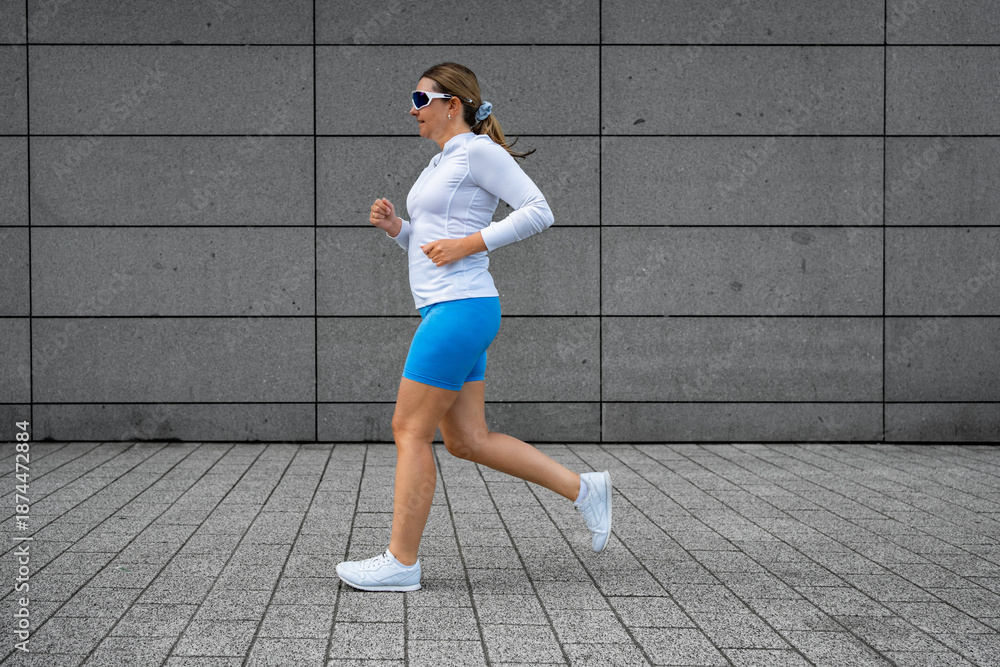 Obraz premium Beautiful middle-aged woman running against background of concrete wall in city on summer day. Side view 